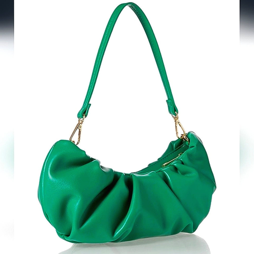 THE DROP Ula Convertible Clutch Purse Ruched Vegan Leather Bag Ultramarine Green